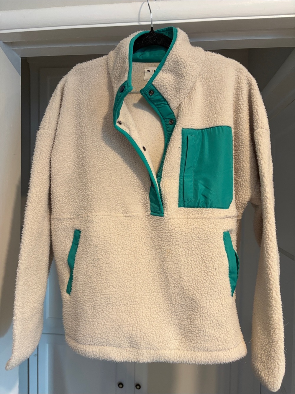 Cozy Cream Teddy Pullover with Teal Trim
